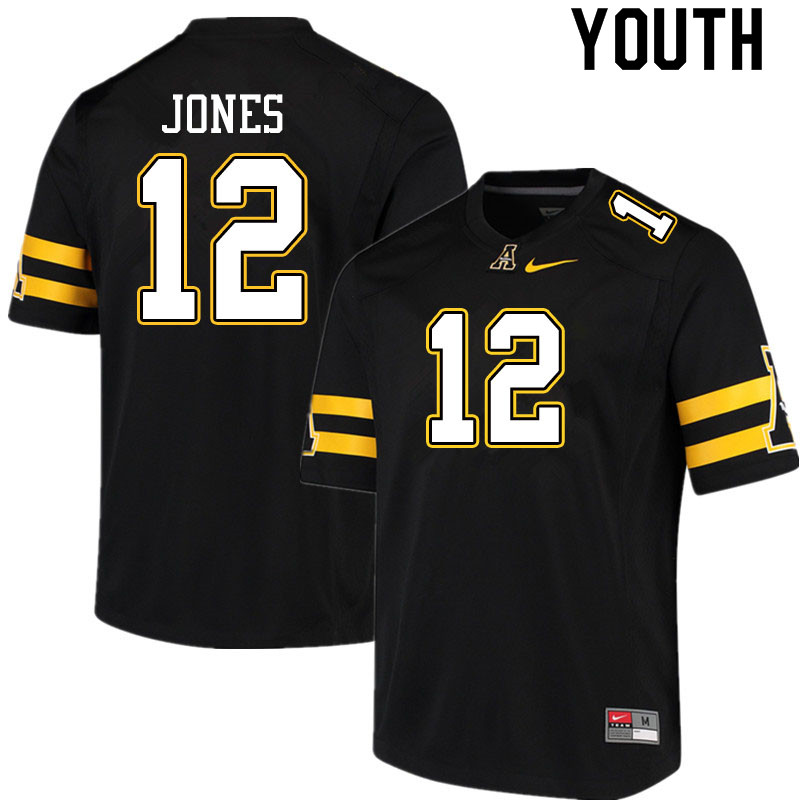 Youth #12 Steven Jones Appalachian State Mountaineers College Football Jerseys Sale-Black - Click Image to Close